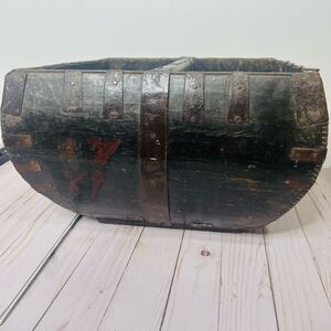 Antique Chinese Rice Grain Harvest Basket Bucket Scoop Measure Wood